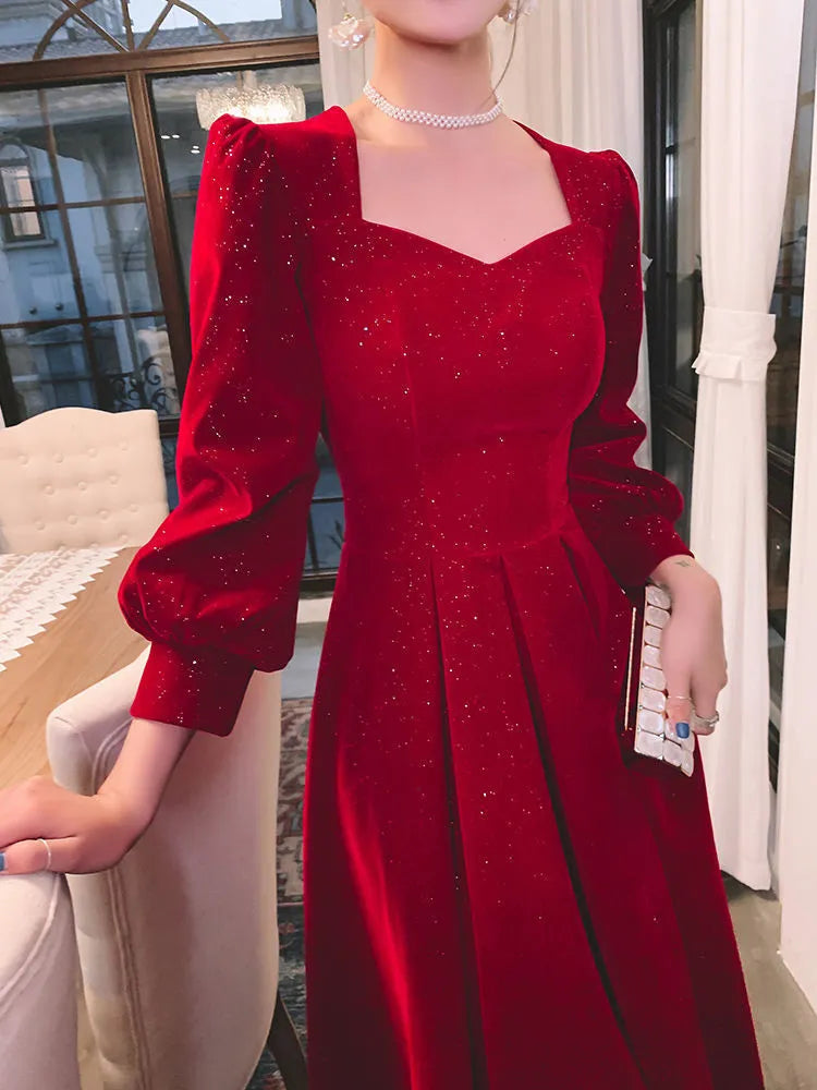 Long Sleeve Curved Neckline Full Dress