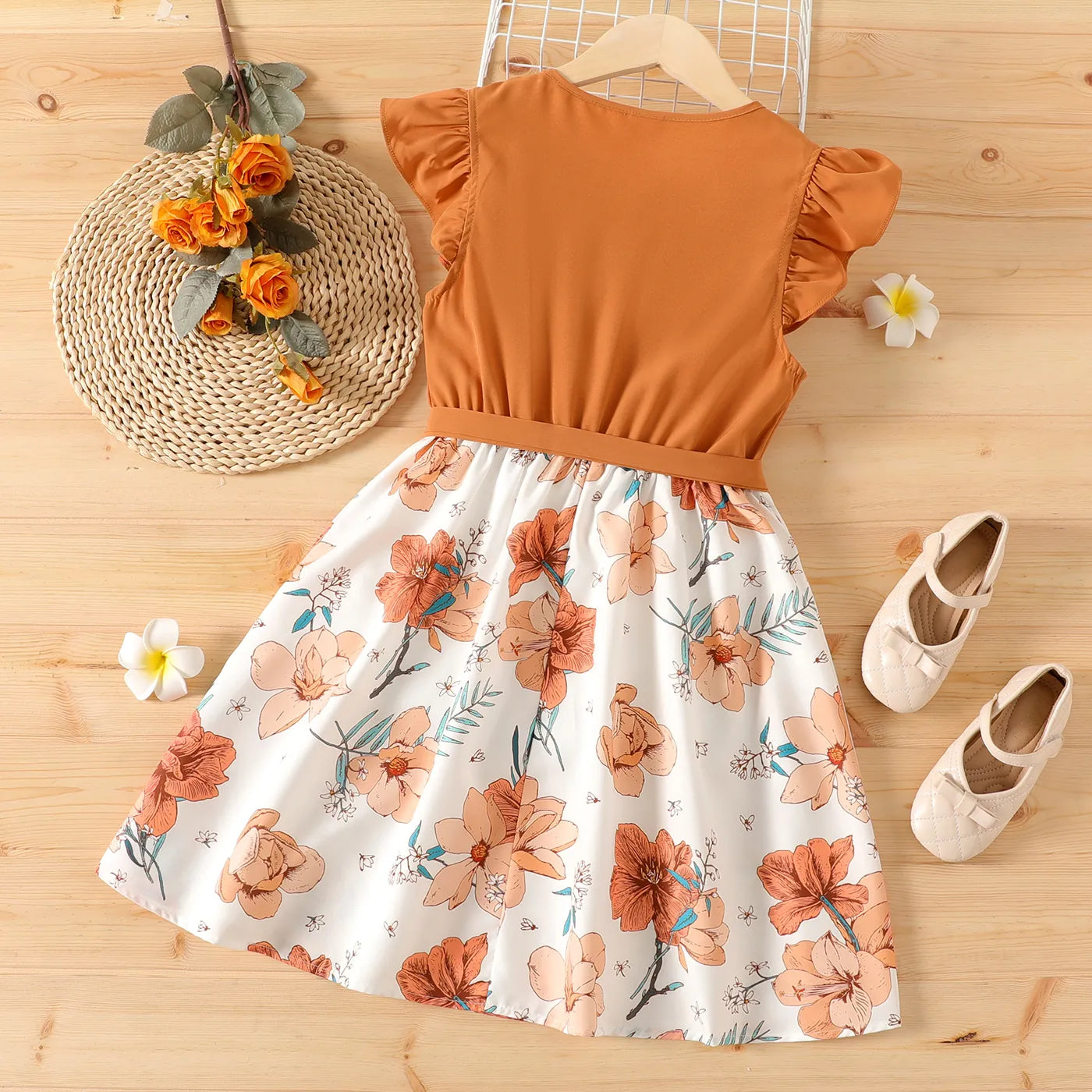 Girls Button-Up Ruffled Floral Design O-Neck Collar Knee-Length Dress