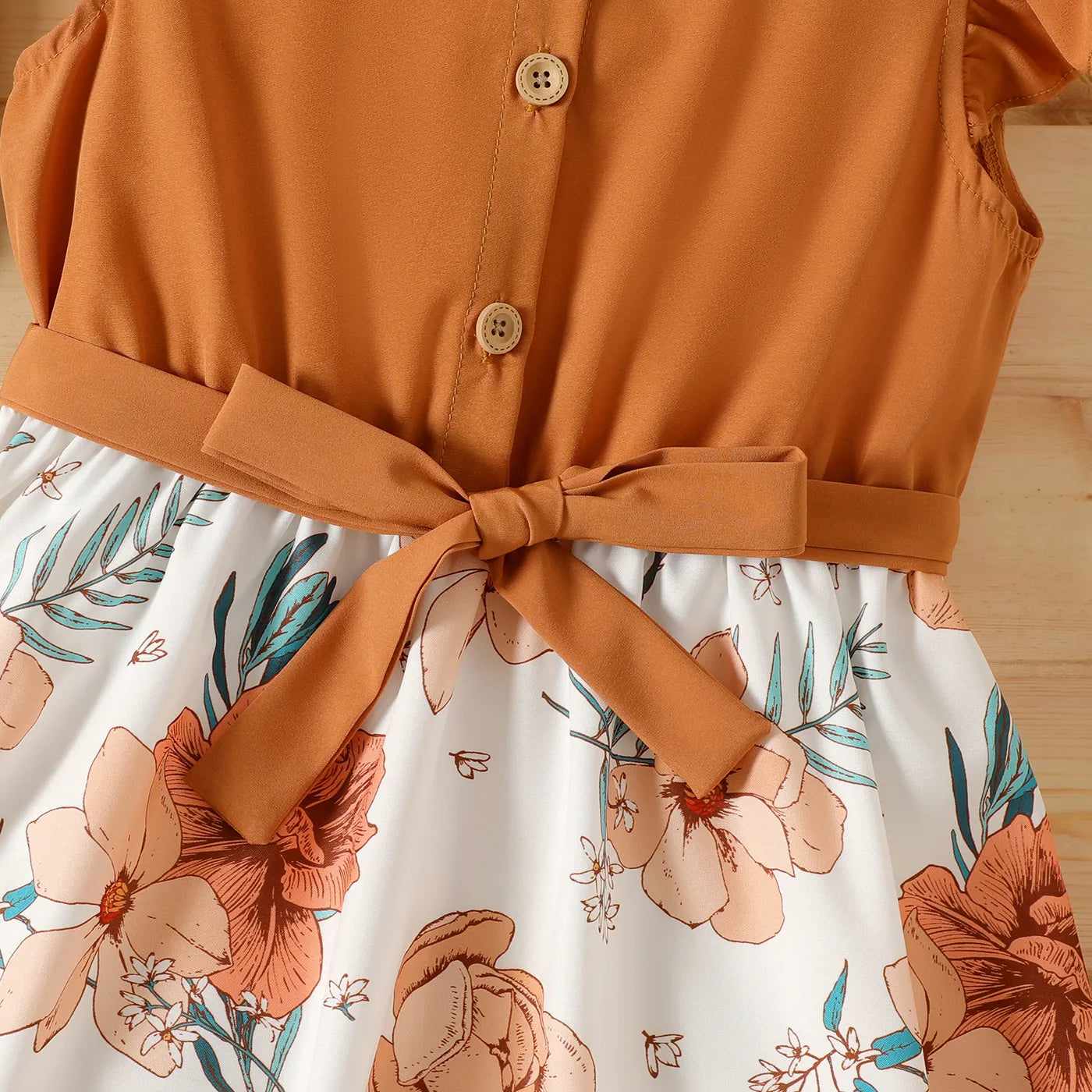 Girls Button-Up Ruffled Floral Design O-Neck Collar Knee-Length Dress