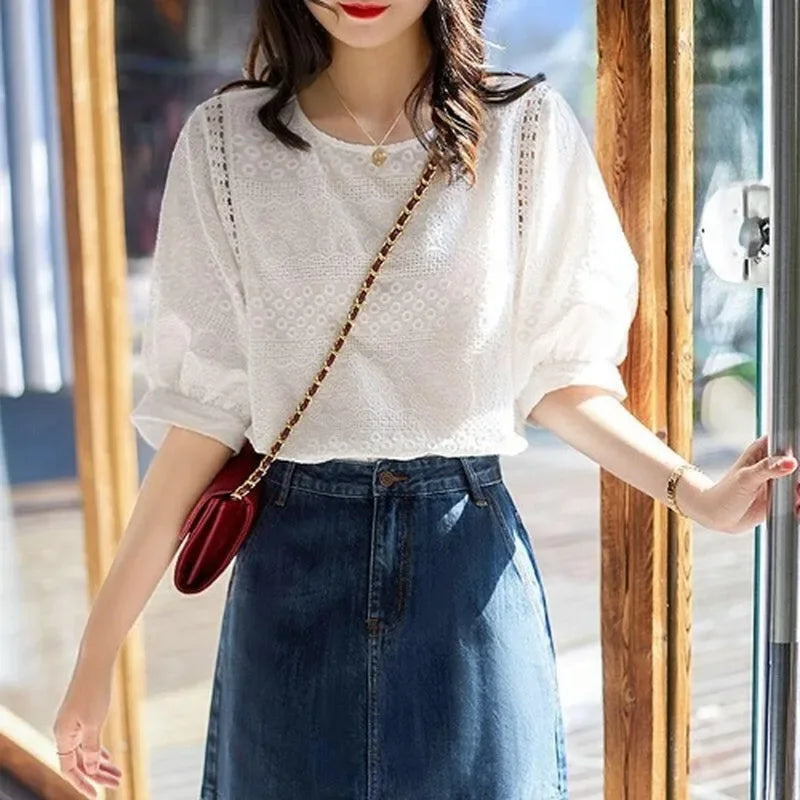 Sleeve Crew Neck Lace Plain Crop Blouse