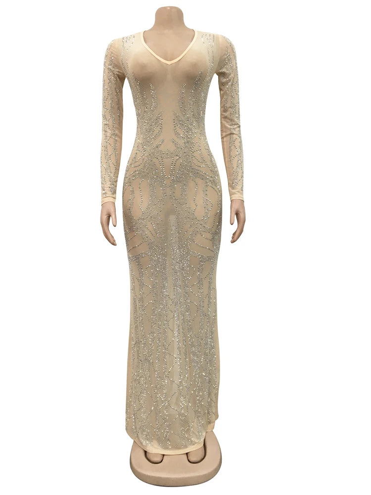 Women's Deep V-Neck Rhinestone Maxi Dress