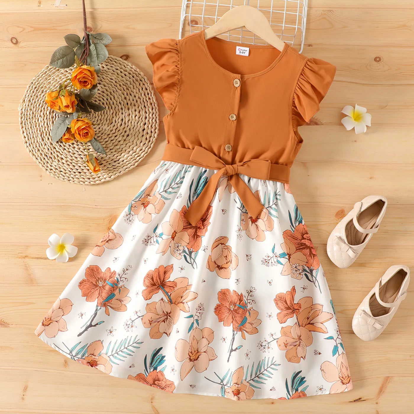 Girls Button-Up Ruffled Floral Design O-Neck Collar Knee-Length Dress