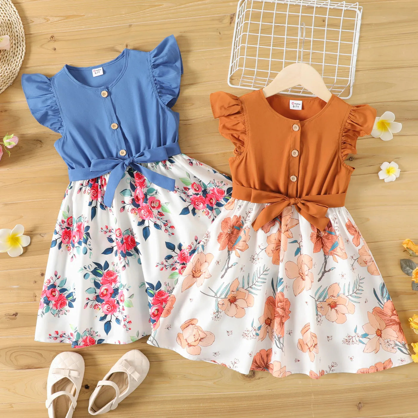 Girls Button-Up Ruffled Floral Design O-Neck Collar Knee-Length Dress