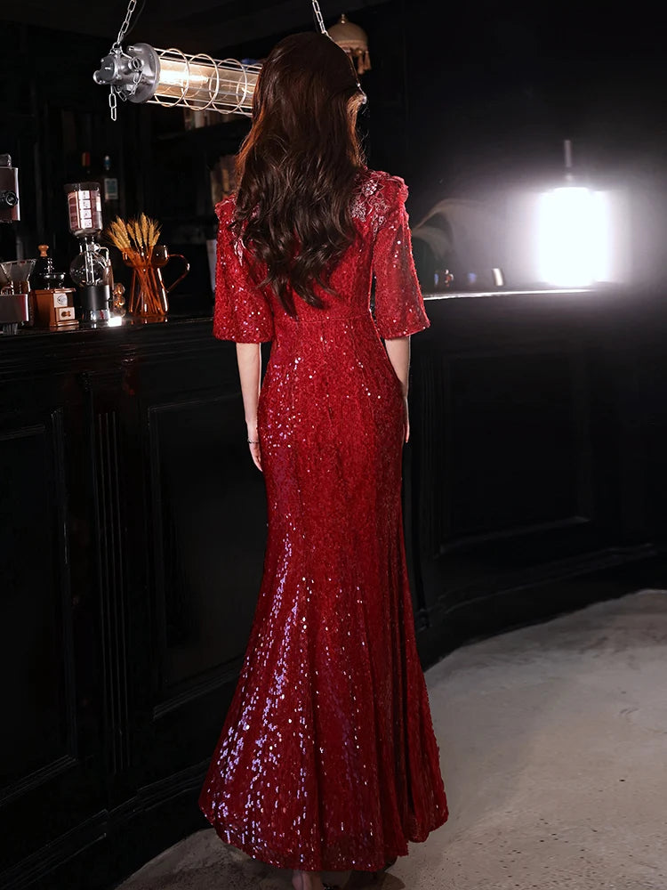 Wine Red Sequin Prom Dresses