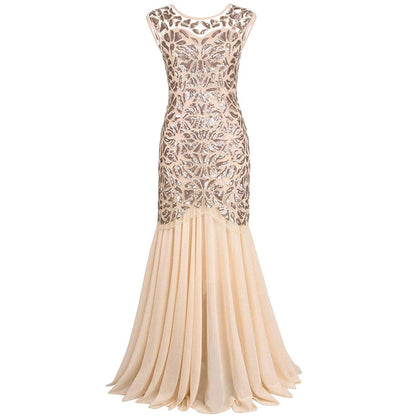 Vintage Women's Sequins Beading Long Evening Dress