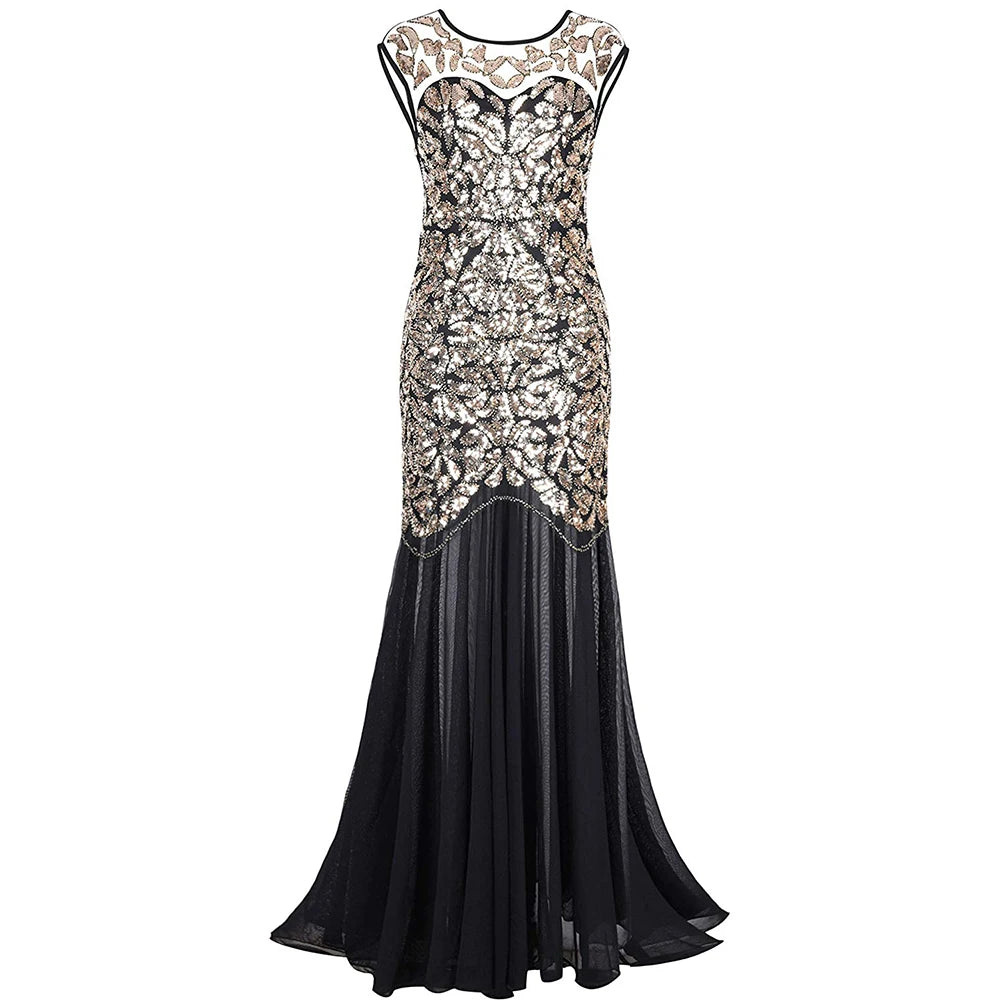 Vintage Women's Sequins Beading Long Evening Dress
