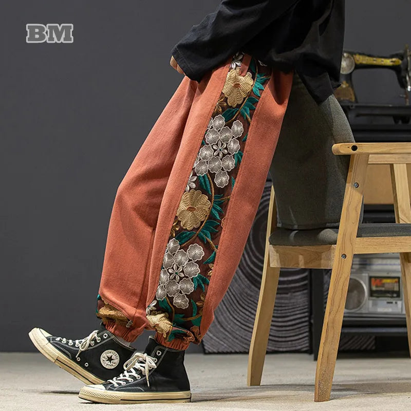 Side Floral Embroidered Streetwear Pants