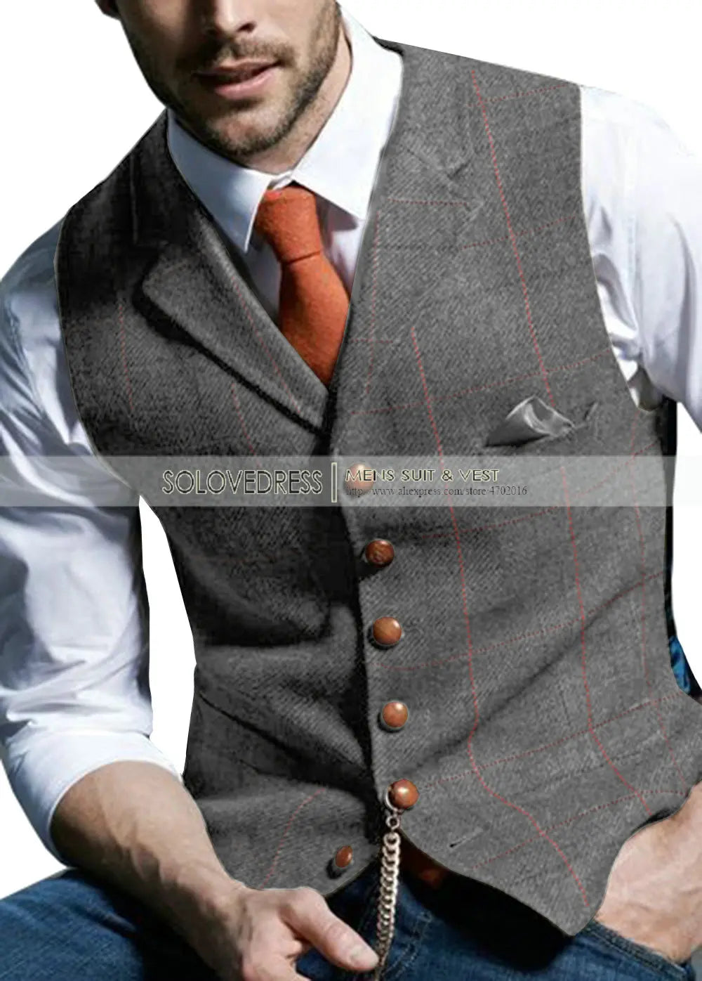 Men's Notched Plaid Wool Herringbone Tweed Suit Vest