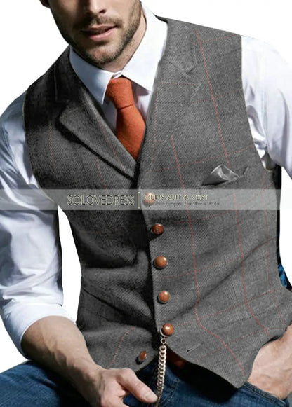 Men's Notched Plaid Wool Herringbone Tweed Suit Vest