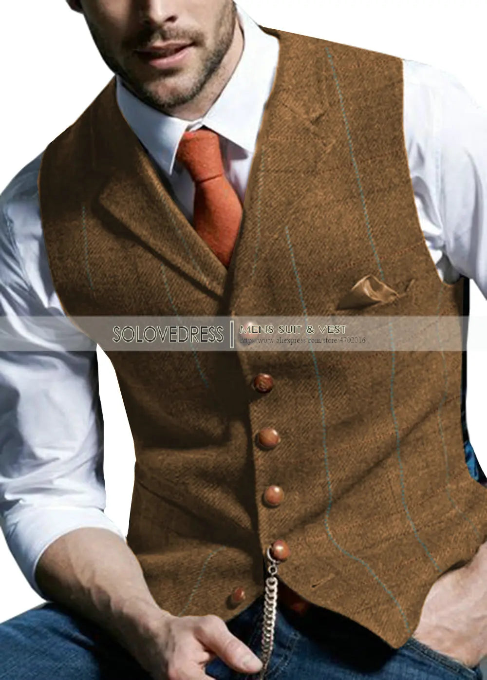 Men's Notched Plaid Wool Herringbone Tweed Suit Vest