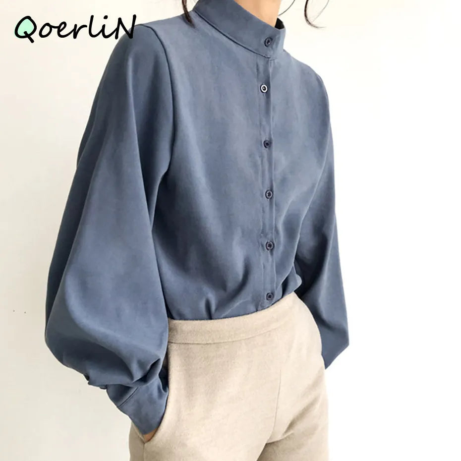 Puff-Sleeve Mock-Neck Plain Blouse
