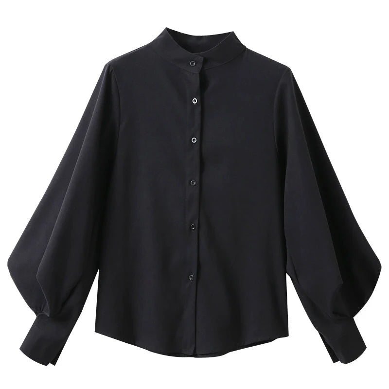 Puff-Sleeve Mock-Neck Plain Blouse
