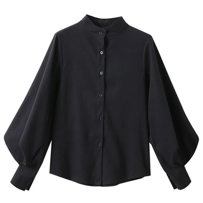 Puff-Sleeve Mock-Neck Plain Blouse