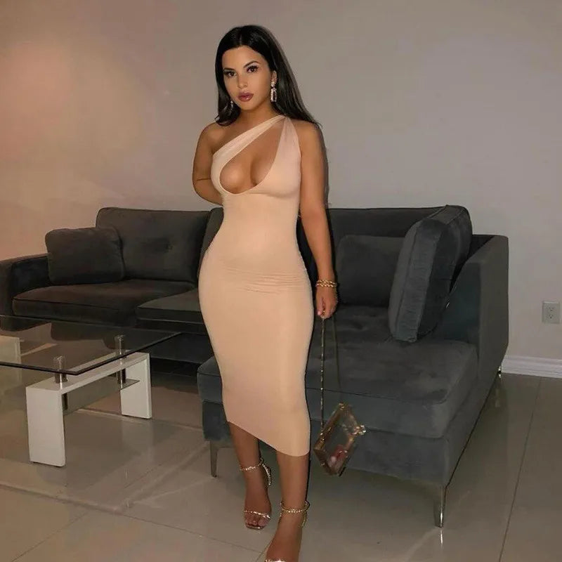 Bodycon One Shoulder  Sheath Midi Party Dresses