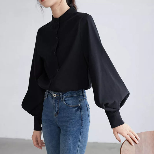 Puff-Sleeve Mock-Neck Plain Blouse