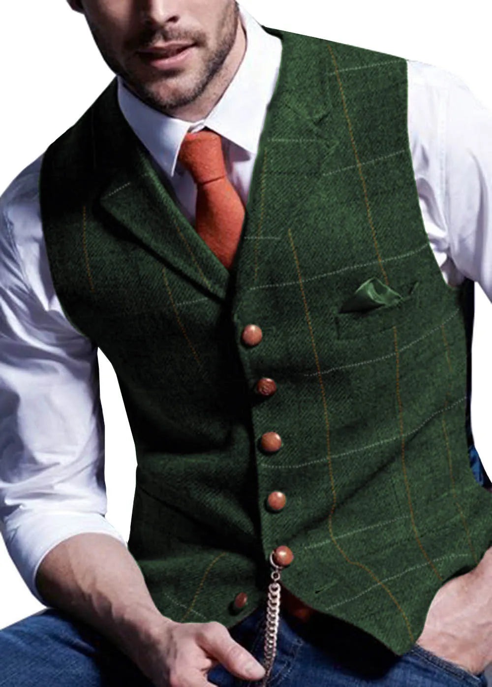 Men's Notched Plaid Wool Herringbone Tweed Suit Vest
