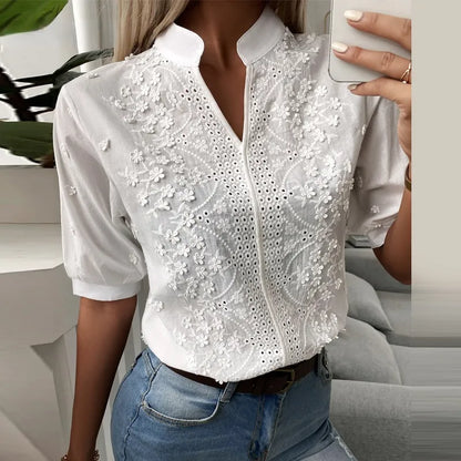 Chic Solid Hollow-out V Neck Lace Blouse
