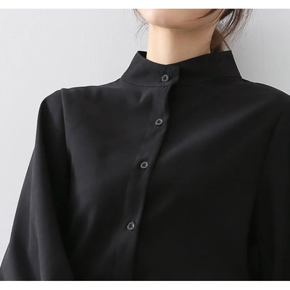 Puff-Sleeve Mock-Neck Plain Blouse
