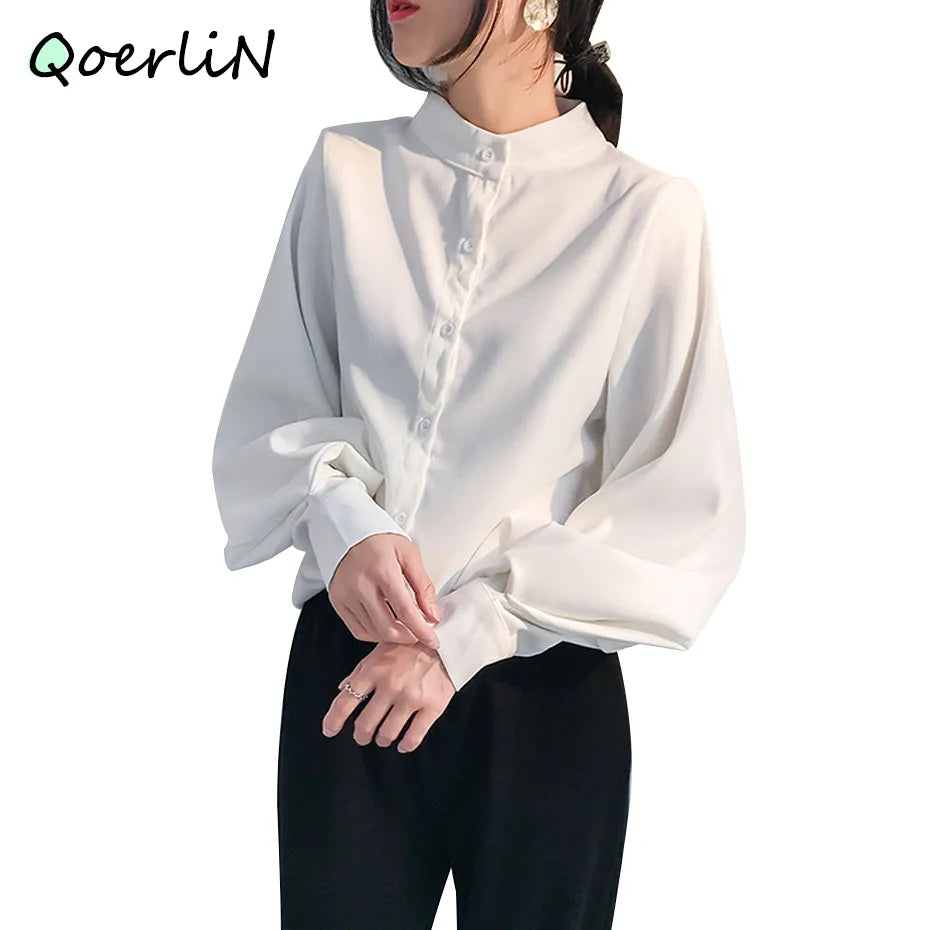Puff-Sleeve Mock-Neck Plain Blouse