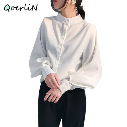 Puff-Sleeve Mock-Neck Plain Blouse