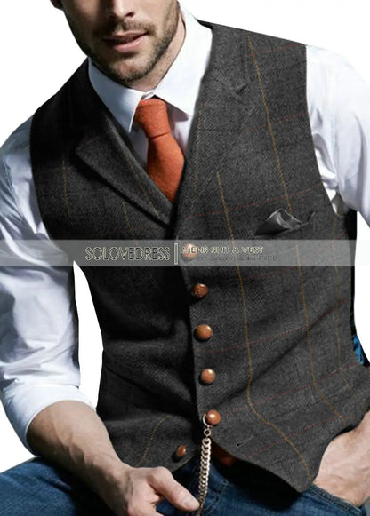 Men's Notched Plaid Wool Herringbone Tweed Suit Vest