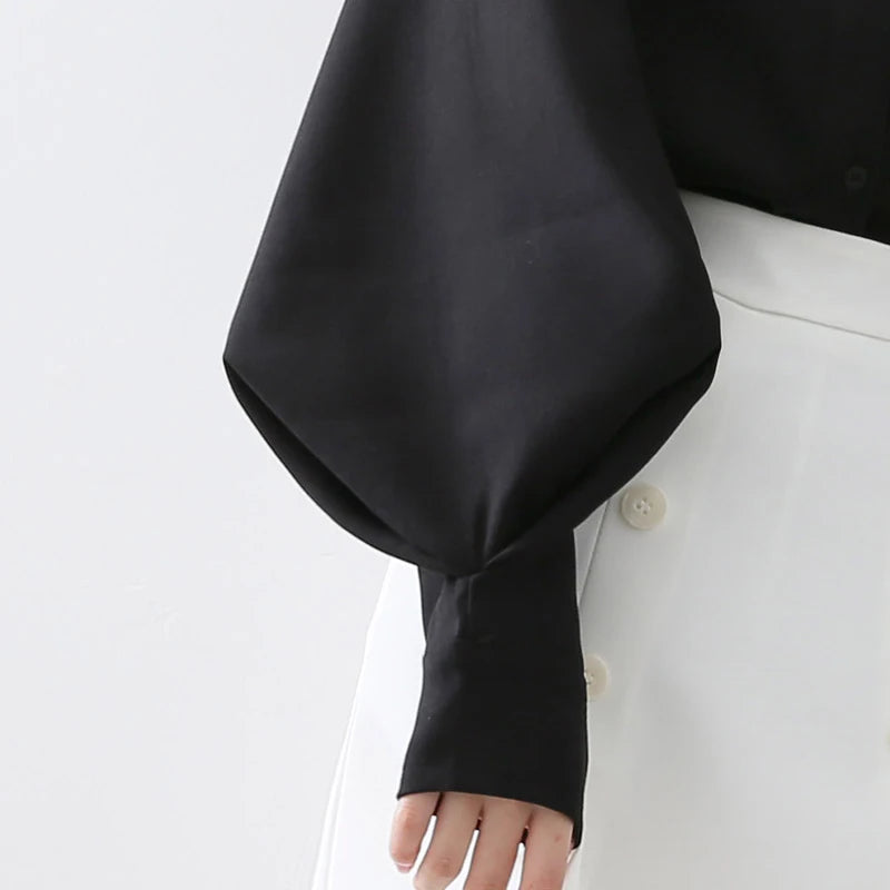 Puff-Sleeve Mock-Neck Plain Blouse