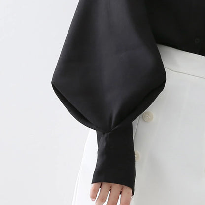 Puff-Sleeve Mock-Neck Plain Blouse