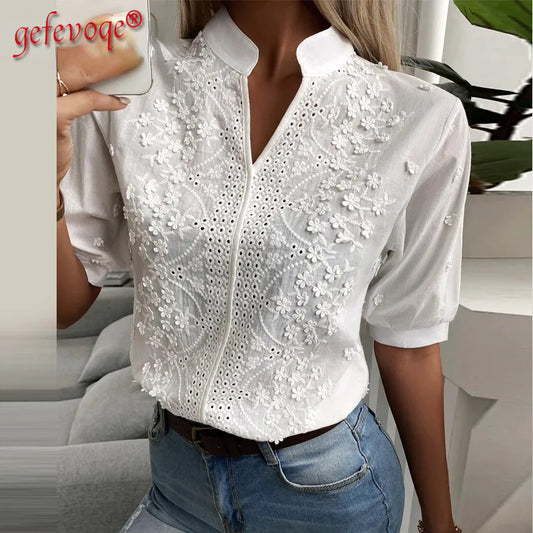 Chic Solid Hollow-out V Neck Lace Blouse