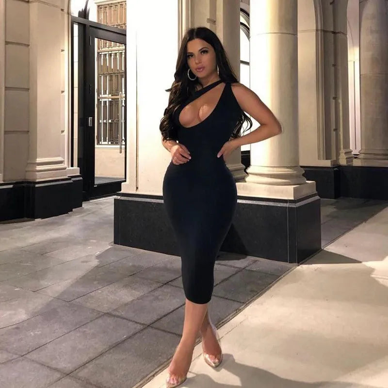 Bodycon One Shoulder  Sheath Midi Party Dresses