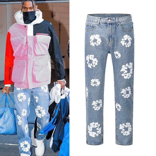 Harajuku Color Block Flower Full Print Jeans