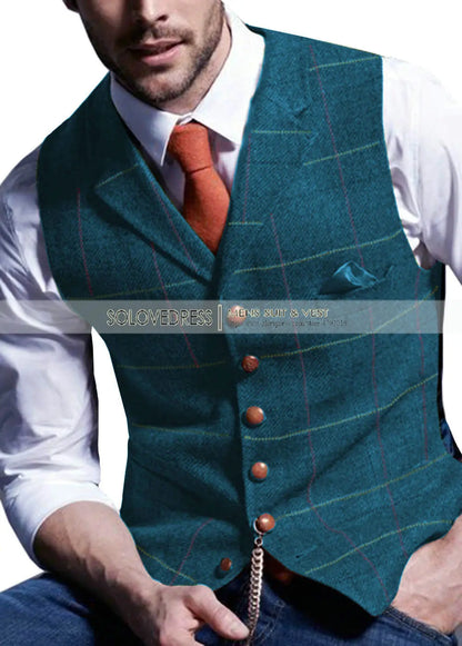 Men's Notched Plaid Wool Herringbone Tweed Suit Vest