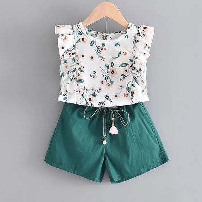 Ruffle Trim Floral Shirt Green Shorts Set