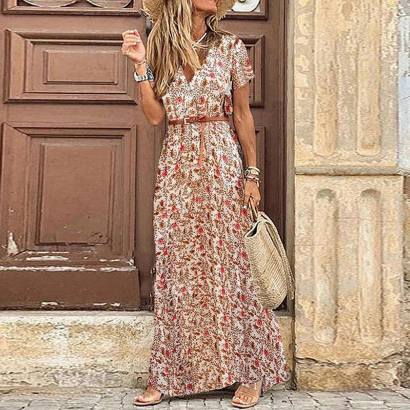 Bohemian Style Waist Trimming Printing Maxi Dress
