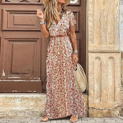 Bohemian Style Waist Trimming Printing Maxi Dress