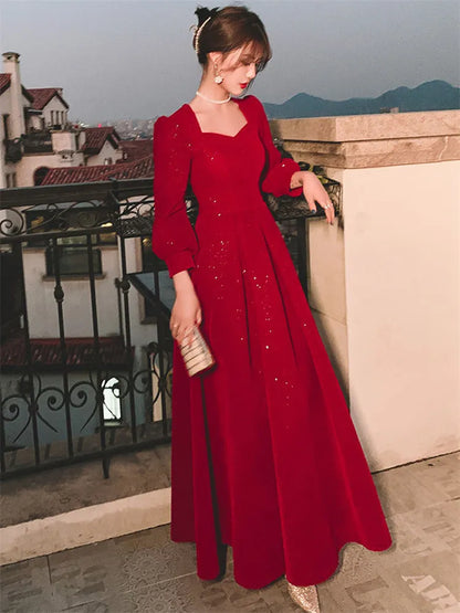 Long Sleeve Curved Neckline Full Dress