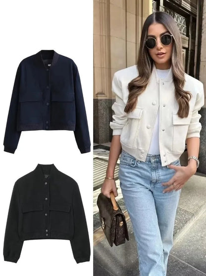 Vintage Solid Long Sleeve Bomber Jacket