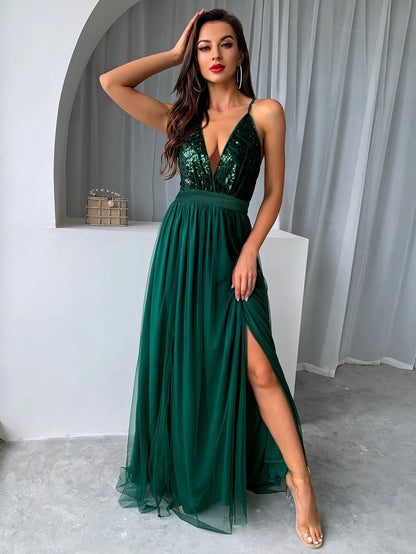 V Neck Backless Green Long Prom Dress