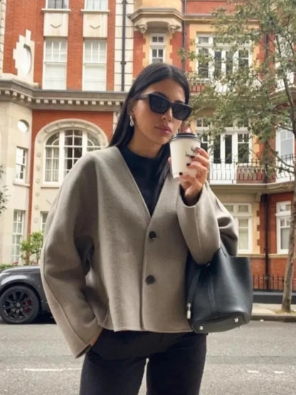 Solid V-Neck Single Breasted Long Sleeved Jacket