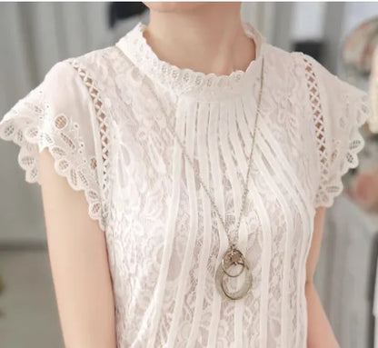 Ladies Short Sleeve White Lace Blouse