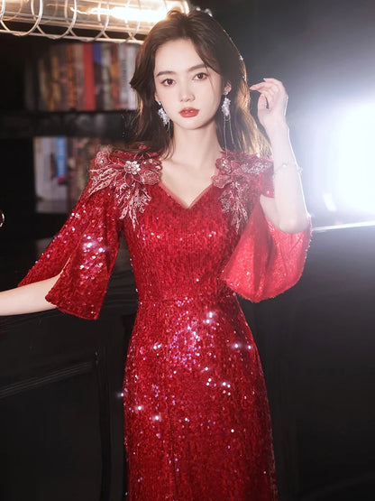 Wine Red Sequin Prom Dresses