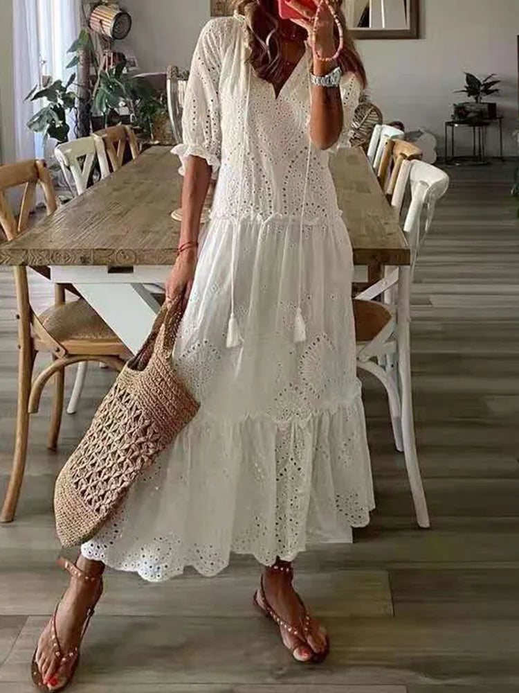 Foridol Casual Hollow Out V Neck White Lace Maxi Dress