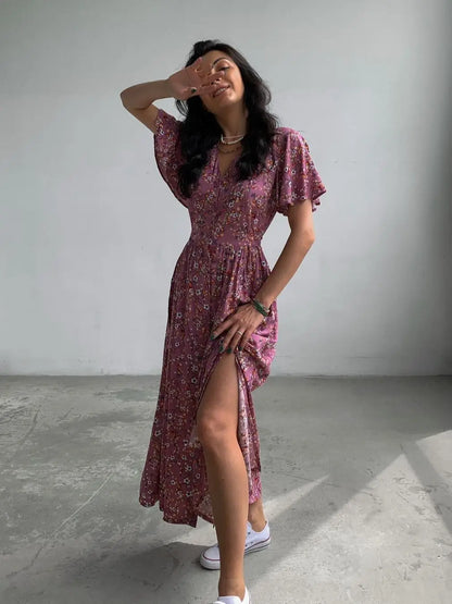 V-Neck Elegant Lace-up Boho French Style Flower Printed Dress