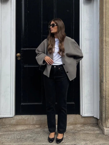 Solid V-Neck Single Breasted Long Sleeved Jacket