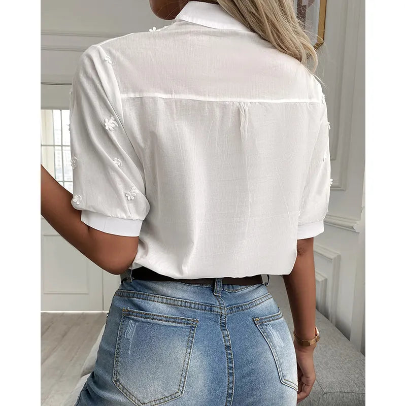 Chic Solid Hollow-out V Neck Lace Blouse