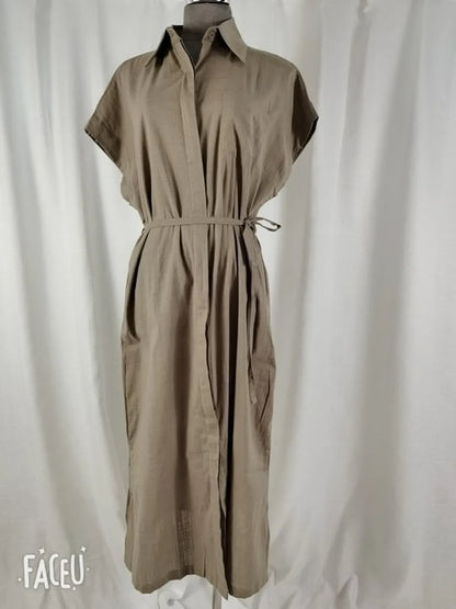 Short-Sleeve Plain Midi Shirt Dress