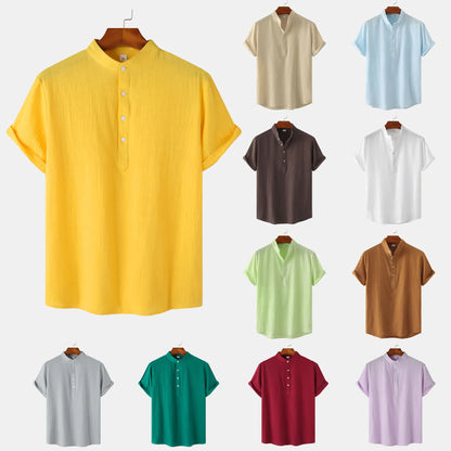 Men's Solid Color Short Sleeve Cotton Linen Shirt