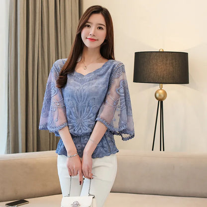 Butterfly Flower Half Sleeve Chiffon Blouse