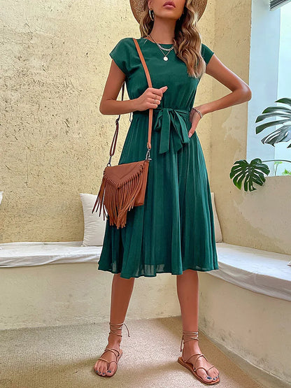 Women's Woven Round Neck Elegant Pleated Dress