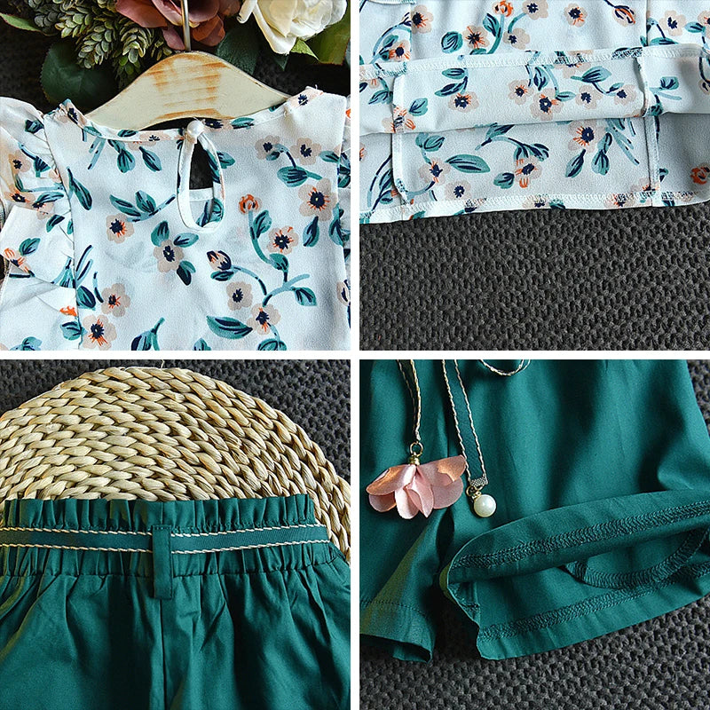 Ruffle Trim Floral Shirt Green Shorts Set