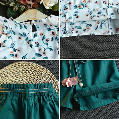 Ruffle Trim Floral Shirt Green Shorts Set